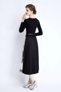 New 😀 Kaimilan 👩 women Black & White Cocktail A-line Crewneck Long Sleeve Maxi Pleated 👗 Dress ✔️
