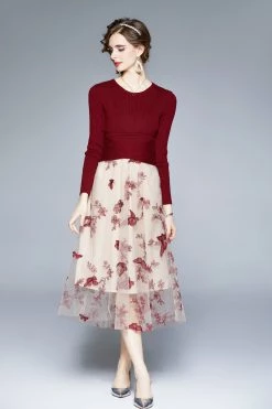 Buy 🎁 Kaimilan 👩 women Wine red & White Day A-line Crewneck 3/4 Sleeves Midi 👗 Dress 🧨