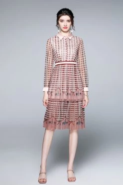 Promo ⭐ Kaimilan 👩 women Pink & Wine red Day A-line 👚 Shirt Colar Long Sleeve Knee Printed 👗 Dress ❤️