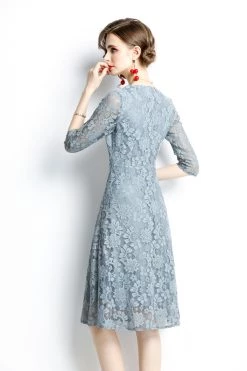 Budget ❤️ Kaimilan 👩 women Light blue Evening A-line V-neck Elbow Sleeve Knee Lace 👗 Dress 😍