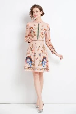 Top 10 🧨 Kaimilan 👩 women Nude pink Day A-line Crewneck Long Sleeve Above Knee Printed 👗 Dress 😉