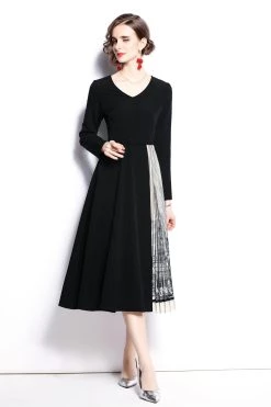 Deals 🎁 Kaimilan 👩 women Black & White Office A-line V-neck Long Sleeve Below Knee 👗 Dress 🔔