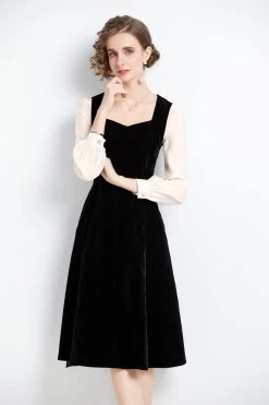 Discount 😀 Kaimilan 👩 women Black & White Office A-line Sweetheart Neck Long Sleeve Knee 👗 Dress 🔔