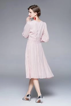 Cheap ❤️ Kaimilan 👩 women Pink Evening A-line Squareneck Long Sleeve Knee Buttoned 👗 Dress 🧨