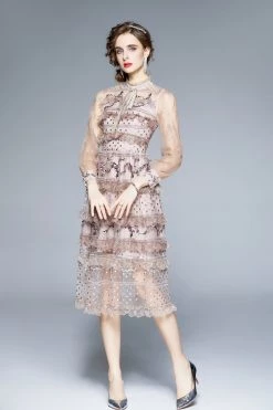 Best reviews of 💯 Kaimilan 👩 women Light pink Evening Lace Ruffled A-line Crewneck Bracelet Midi 👗 Dress 👍
