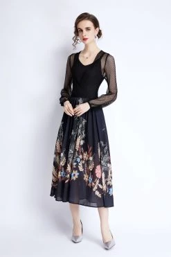 Discount ❤️ Kaimilan 👩 women Black & Navy & Floral print Cocktail A-line Crewneck Long Sleeve Midi Printed 👗 Dress ✨