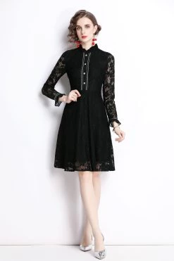 New ❤️ Kaimilan 👩 women Black Cocktail A-line Crewneck Long Sleeve Above Knee Lace 👗 Dress 🎁