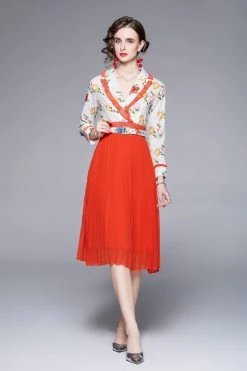 Cheap 👍 Kaimilan 👩 women White & Red Office A-line Notch Lapel Long Sleeve Below Knee 👗 Dress ✨