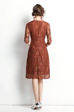 Best deal 🔥 Kaimilan 👩 women Brown Cocktail & Party A-line Crewneck Elbow Sleeve Knee Lace 👗 Dress 🛒