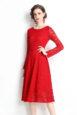 Cheap 🥰 Kaimilan 👩 women Red Evening Lace A-line Boatneck Long Sleeve Midi Classic 👗 Dress 🔔