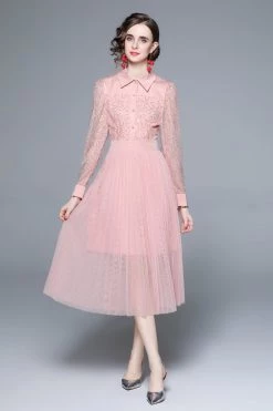 Best reviews of ✔️ Kaimilan 👩 women Pink Cocktail A-line 👕 Shirt Colar Long Sleeve Pleated Midi 👗 Dress 😍