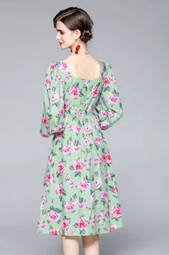 Coupon 🤩 Kaimilan 👩 women Green & Floral print Day A-line Sweetheart Neck Bishop Long Sleeve Below Knee 👗 Dress 😀
