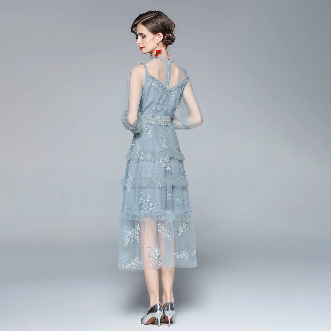 Discount โ๏ธ Kaimilan ๐ฉ women Gray blue Evening Lace Ruffled A-line Crewneck Long Sleeve Midi ๐ Dress โ๏ธ 3 Discount โ๏ธ Kaimilan ๐ฉ women Gray blue Evening Lace Ruffled A-line Crewneck Long Sleeve Midi ๐ Dress โ๏ธ