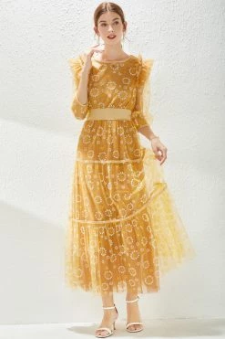 Wholesale 🎁 Kaimilan 👩 women Yellow Cocktail A-line Boatneck Elbow Sleeve Tea Lace 👗 Dress ✔️