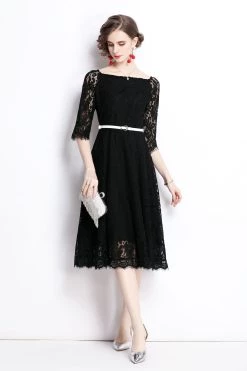 Coupon 😀 Kaimilan 👩 women Black Evening A-line Boatneck Elbow Sleeve Below Knee Lace Elegant 👗 Dress 🧨