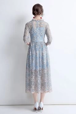 Buy 👏 Kaimilan 👩 women Pale blue Evening Lace A-line Crewneck Elbow Sleeve Midi Floral 👗 Dress 👏