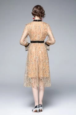 Best Sale 🥰 Kaimilan 👩 women Pale orange Evening Lace Ruffled A-line Crewneck Long Sleeve Midi 👗 Dress ⭐