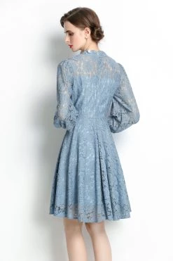 Best Sale 👏 Kaimilan 👩 women Blue Evening A-line Crewneck Long Sleeve Above Knee Lace 👗 Dress 🎉