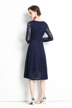 Flash Sale 🔔 Kaimilan 👩 women Navy Evening Lace A-line Boatneck Long Sleeve Midi Classic 👗 Dress 🎁