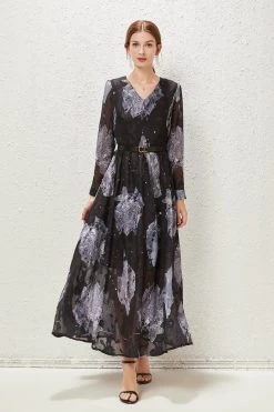 New 😀 Kaimilan 👩 women Black & Gray Cocktail A-line V-neck Long Sleeve Tea Floral 👗 Dress ✨