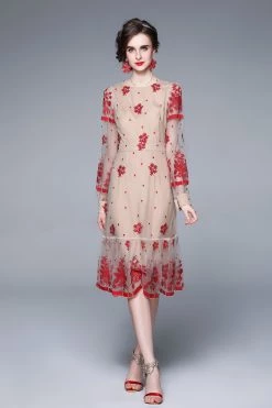 Hot Sale ⌛ Kaimilan 👩 women Red & Apricot Evening A-line V-neck Long Sleeve Midi Lace 👗 Dress 🎁